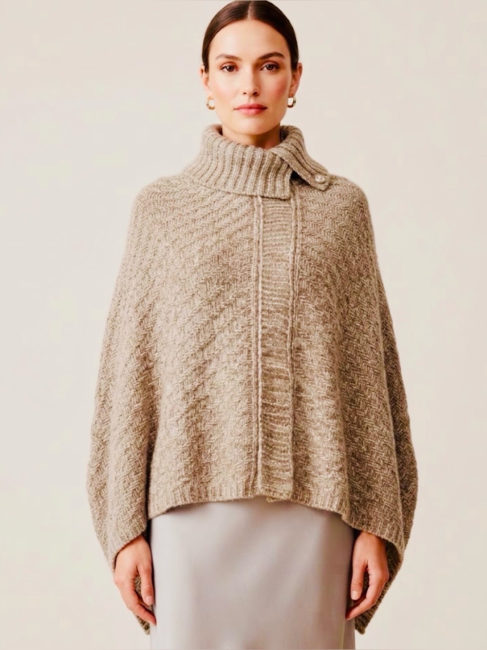 Women's High-Neck Textured Knit Poncho - Beige Asymmetric Cape Sweater One Size